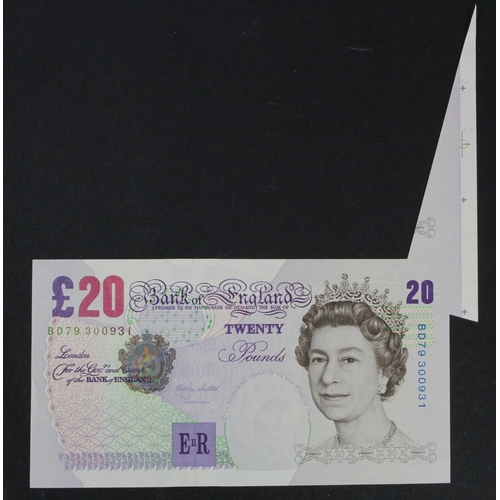 67 - ERROR Lowther 20 Pounds issued 1999, exceptional LARGE FISHTAIL extra paper showing sheet edge and b... 