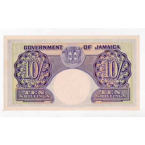 684 - Jamaica 10 Shillings dated 7th April 1955, portrait King George VI at left, serial 19D 33522 (BNB B1... 