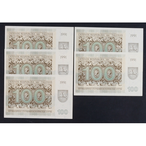 698 - Lithuania 100 Talonas (5) dated 1991, a consecutively numbered run, serial BK 556913 - BK 556917 (BN... 