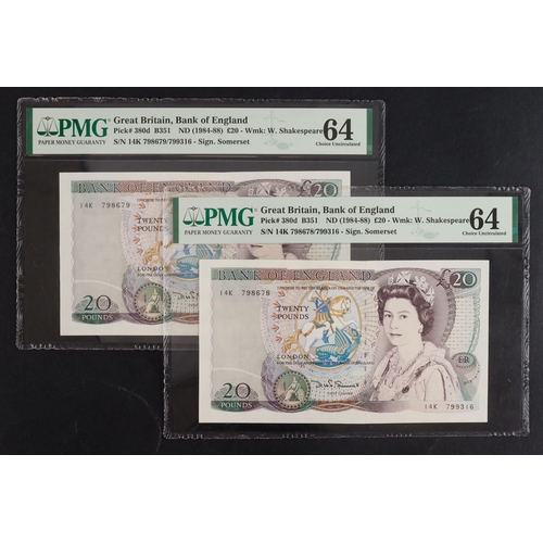 70 - ERROR Somerset 20 Pounds (2) issued 1984, a mismatched consecutive serial number pair, each with a d... 