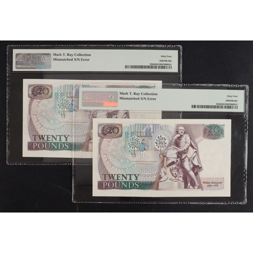 70 - ERROR Somerset 20 Pounds (2) issued 1984, a mismatched consecutive serial number pair, each with a d... 