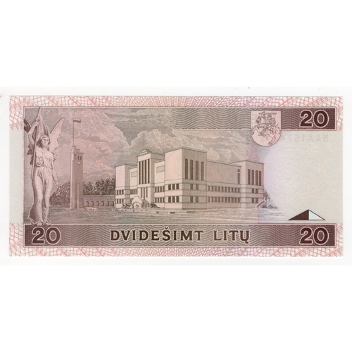 700 - Lithuania 20 Litu dated 1993, FIRST PREFIX serial NAA 1574418 (BNB B168a, Pick57a) Uncirculated