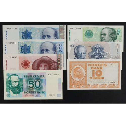 763 - Norway (7), 200 Kroner (2) dated 2004 & 1994, 100 Kroner dated 2004, 50 Kroner (2) dated 1999 & 1987... 