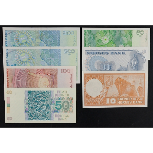 763 - Norway (7), 200 Kroner (2) dated 2004 & 1994, 100 Kroner dated 2004, 50 Kroner (2) dated 1999 & 1987... 