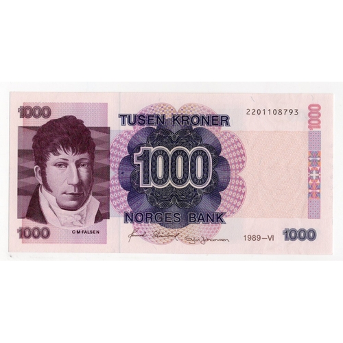 764 - Norway 1000 Kroner dated 1989, serial No. 2201108793 (Pick45a) Uncirculated