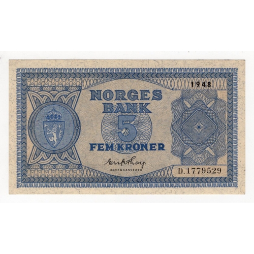 765 - Norway 5 Kroner dated 1948, signed E. Thorp, serial D.1779529 (BNB B654d, Pick25b) Uncirculated