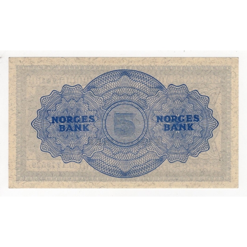 765 - Norway 5 Kroner dated 1948, signed E. Thorp, serial D.1779529 (BNB B654d, Pick25b) Uncirculated