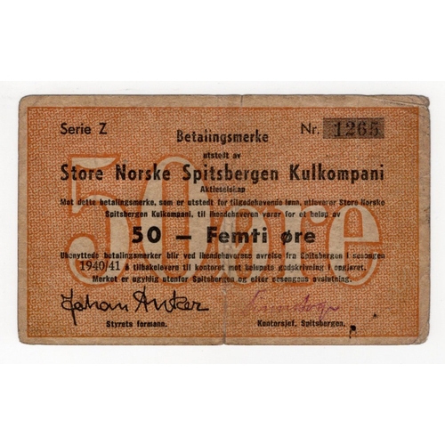 766 - Norway 50 Ore dated 1940/41, Store Norske Spitsbergen Kulkompani, Series Z number 1265, edge nicks, ... 