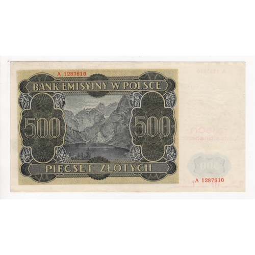 779 - Poland 500 Zlotych dated 1st March 1940, FORGERY, overprinted in red ink 'Falsch Emissionsbank', cla... 