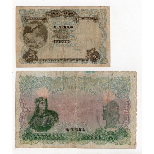 782 - Portugal (2), 2500 Reis & 10000 Reis dated 30th September 1910, 'REPUBLICA' overprint on reverse, se... 