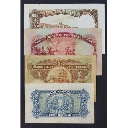 785 - Portugal (4), 1000 Escudos dated 1938, 500 Escudos dated 1952, 5 Escudos (2) dated 1923 & 1925, lowe... 