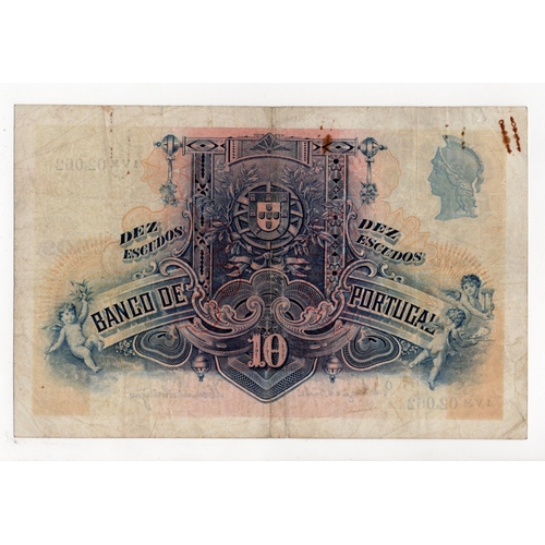 791 - Portugal 10 Escudos dated 2nd November 1927, serial 1VM 02062 (Pick121) pinholes, rust, pressed Fine