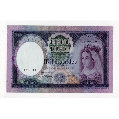 795 - Portugal 1000 Escudos dated 30th May 1961, nice BINARY serial number, serial 1F 00110 (Pick166) VF+