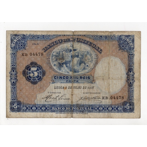 804 - Portugal 5 Mil Reis dated 9th July 1907, serial KB 04478 (Pick83) small holes, edge nicks, about Fin... 