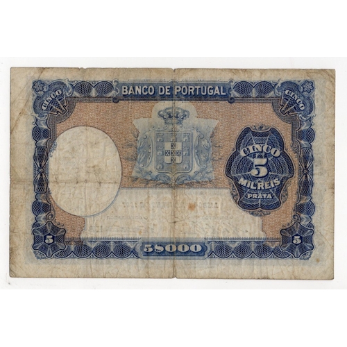 804 - Portugal 5 Mil Reis dated 9th July 1907, serial KB 04478 (Pick83) small holes, edge nicks, about Fin... 