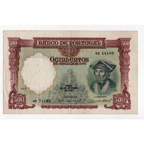 806 - Portugal 500 Escudos dated 1942, serial SZ 14160 (Pick155) one pinhole, Fine+