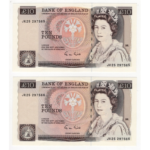 82 - Gill 10 Pounds (2) issued 1988, a consecutively numbered pair of LAST series notes, serial JN25 2975... 