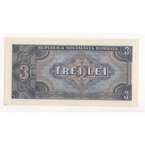 821 - Romania 3 Lei dated 1966, serial D.0008 383598 (BNB B252a, Pick92) Uncirculated and a rare denominat... 