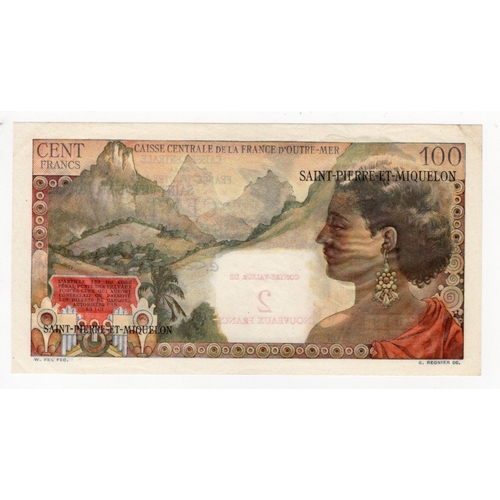 835 - Saint Pierre et Miquelon 2 Nouveaux Francs overprint on 100 Francs issued 1963, serial C.81 82019 (B... 