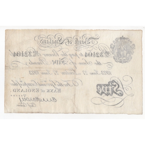 85 - Harvey 5 Pounds (B209a) dated 27th June 1923, serial 216/D 32104, London issue (B209a, Pick312a) cen... 