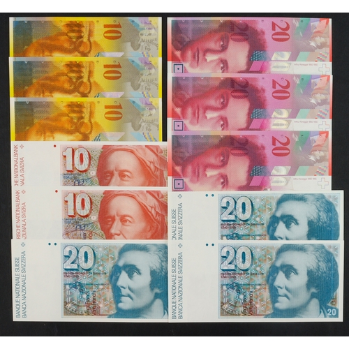 858 - Switzerland (11), 20 Franken (6) dated 1982, 1983, 1986, 1994, 2004 and 2005, 10 Franken (5) dated 1... 