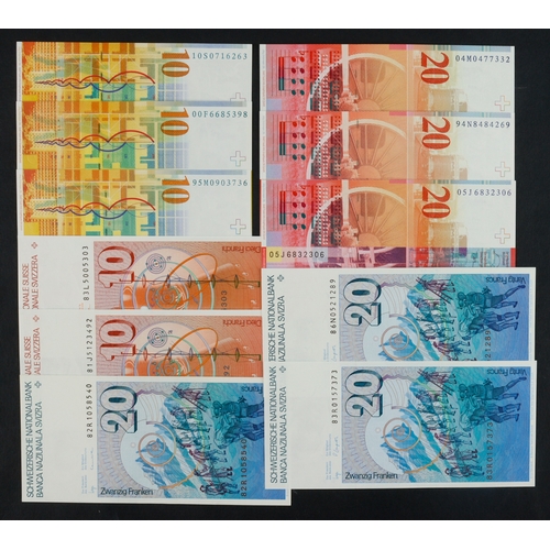 858 - Switzerland (11), 20 Franken (6) dated 1982, 1983, 1986, 1994, 2004 and 2005, 10 Franken (5) dated 1... 