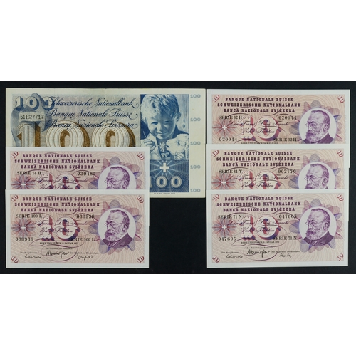 861 - Switzerland (6), 100 Franken dated 1965, 10 Franken (5) dated 1963 (2), 1970, 1971 and 1977, the fir... 