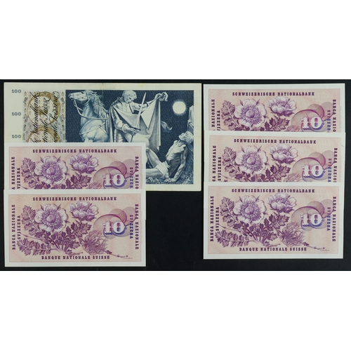 861 - Switzerland (6), 100 Franken dated 1965, 10 Franken (5) dated 1963 (2), 1970, 1971 and 1977, the fir... 