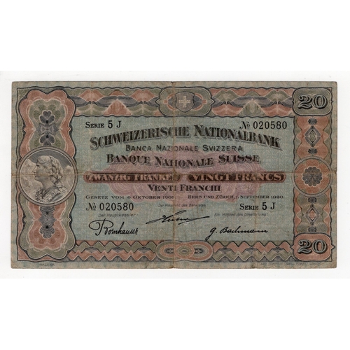 864 - Switzerland 20 Franken dated 1st September 1920, scarce early date, serial 5J 020580 (BNB B307f, Pic... 