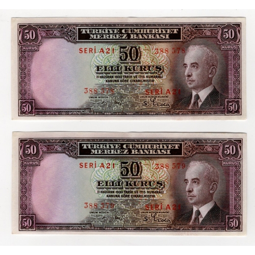 872 - Turkey 50 Kurus (2) dated Law 1930, a consecutively numbered pair, serial A21 388578 & A21 388579 (B... 