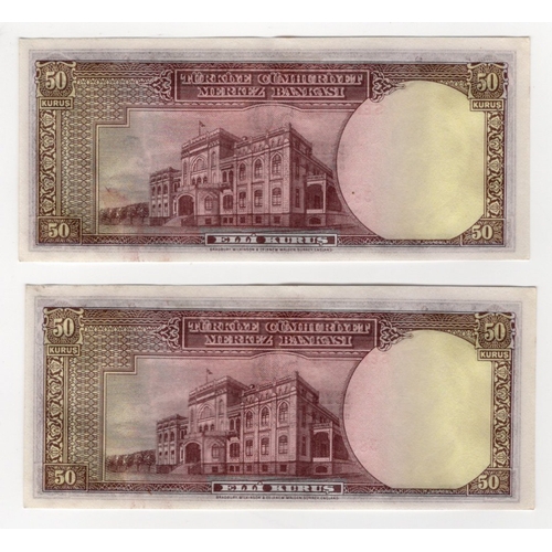 872 - Turkey 50 Kurus (2) dated Law 1930, a consecutively numbered pair, serial A21 388578 & A21 388579 (B... 