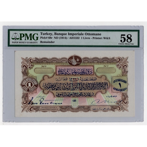 874 - Turkey Ottoman Empire 1 Livre issued 1914 Law of August AH1332, remainder with no serial number (Pic... 