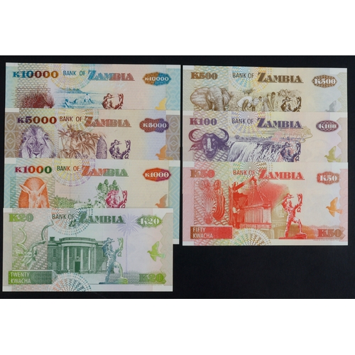 887 - Zambia (7), 10000 Kwacha, 5000 Kwacha, 1000 Kwacha, 500 Kwacha, 100 Kwacha, 50 Kwacha, 20 Kwacha dat... 