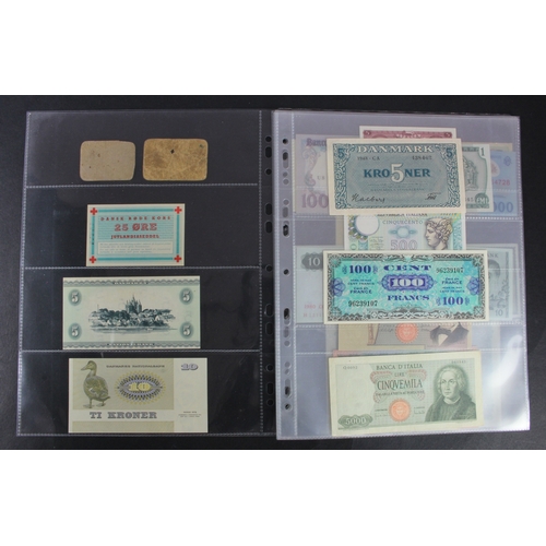 911 - World, Europe (27), collection in album pages, including Switzerland 50 Franken 1941, Denmark 5 Kron... 