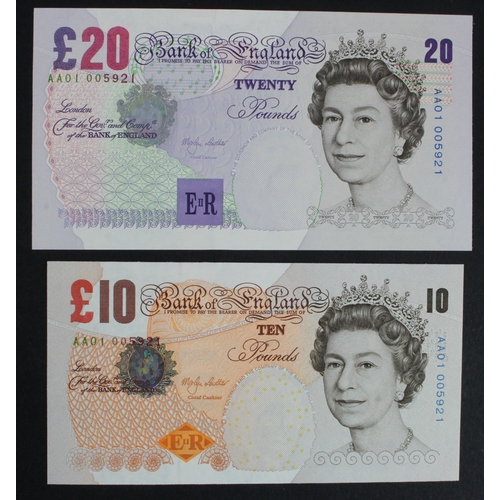 92 - Lowther (2), 20 Pounds issued 1999 and 10 Pounds issued 2000, a pair of FIRST RUN 'AA01' notes with ... 