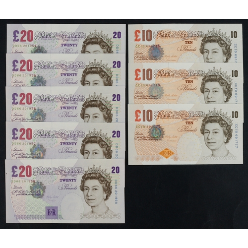 93 - Lowther (8), 20 Pounds issued 1999 (5) a consecutively numbered run serial DD66 201954 - DD66 201958... 