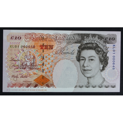 94 - Lowther 10 Pounds (B382) issued 1999, FIRST RUN 'KL01' prefix, LOW serial KL01 000648 (B382, Pick386... 