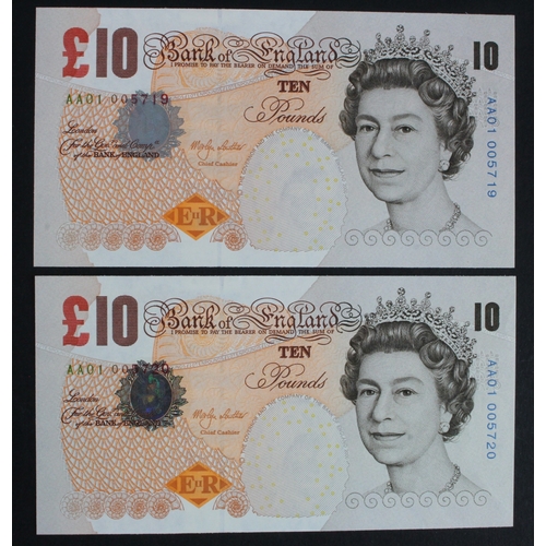 95 - Lowther 10 Pounds (B388) issued 2000 (2), a consecutively numbered pair FIRST RUN 'AA01' prefix, ser... 