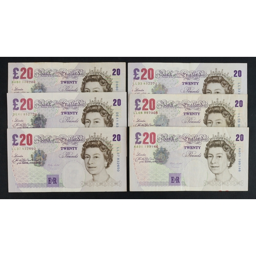 98 - Lowther 20 Pounds (6) issued 1999, including FIRST RUN serial AA01 199146, REPLACEMENT notes (3) LL0... 