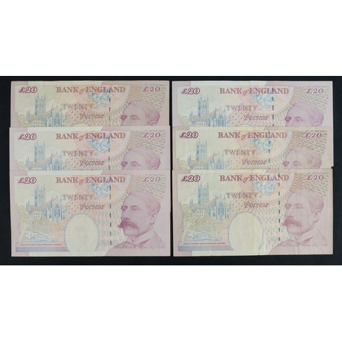 98 - Lowther 20 Pounds (6) issued 1999, including FIRST RUN serial AA01 199146, REPLACEMENT notes (3) LL0... 