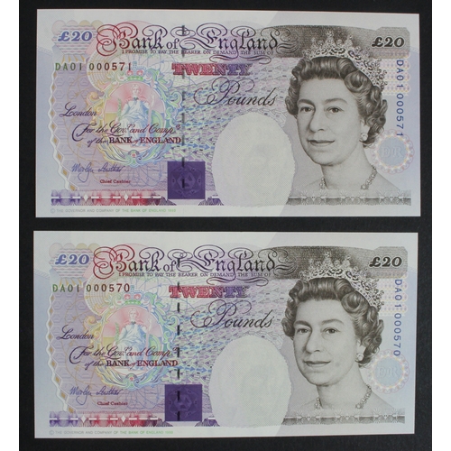 99 - Lowther 20 Pounds (B384) issued 1999, a consecutively numbered pair of FIRST RUN 'DA01' prefix with ... 