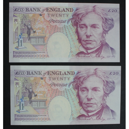 99 - Lowther 20 Pounds (B384) issued 1999, a consecutively numbered pair of FIRST RUN 'DA01' prefix with ... 