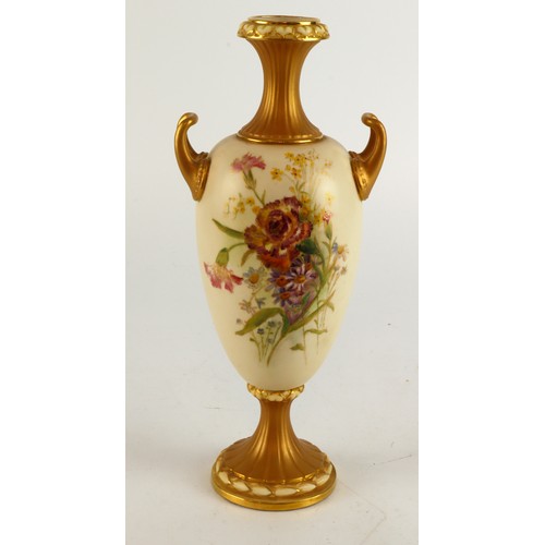 339 - Royal Worcester twin handled vase (no. 2049), hand painted floral decoration, makers marks to base, ... 