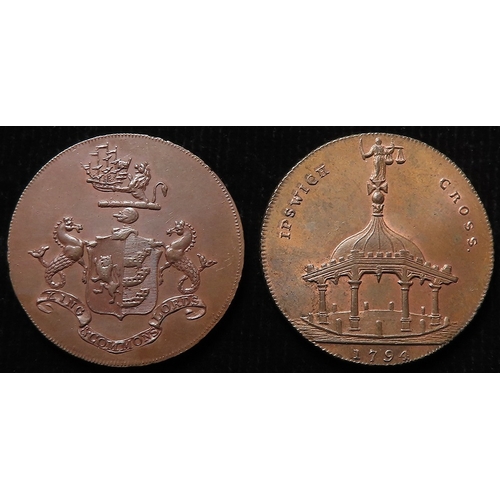 1013 - Tokens, 18thC (2) Ipswich Halfpennies: Robert Mannings, D&H #34, toned GEF, and Conder's 1794 milled... 