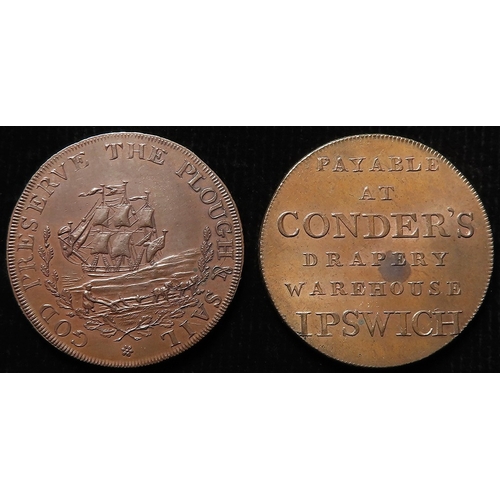 1013 - Tokens, 18thC (2) Ipswich Halfpennies: Robert Mannings, D&H #34, toned GEF, and Conder's 1794 milled... 