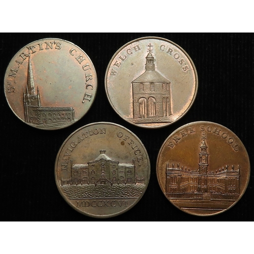 1017 - Tokens, 18thC (4) Birmingham Halfpennies: P. Kempson's series of Birmingham buildings: Free School, ... 