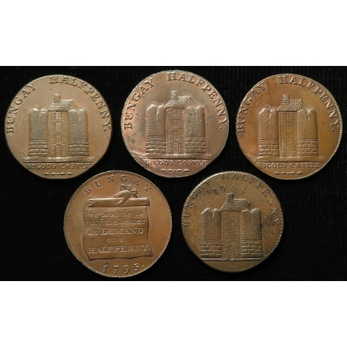 1018 - Tokens, 18thC (5) Bungay Halfpennies: 1795 D&H #21 EF, 1794 #22 GVF, 1794 #22c (scarce) EF, 1794 #22... 