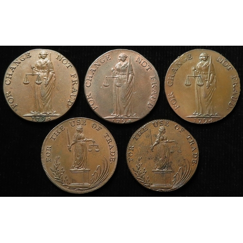 1018 - Tokens, 18thC (5) Bungay Halfpennies: 1795 D&H #21 EF, 1794 #22 GVF, 1794 #22c (scarce) EF, 1794 #22... 