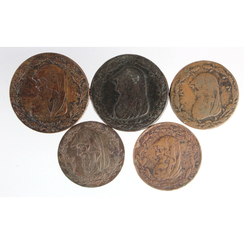 1023 - Tokens, 18thC Druid Head copper (5): Anglesey, PM Co. Penny 1787 #11 VF/GVF; another 1788 in low gra... 