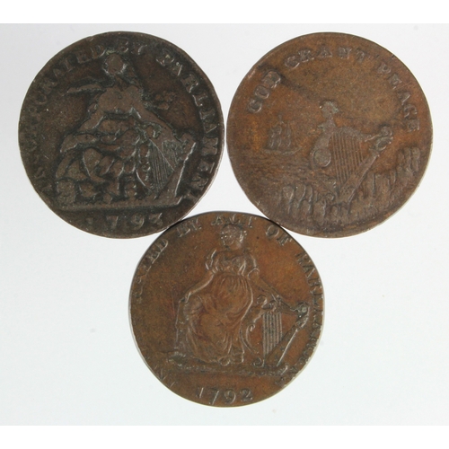 1024 - Tokens, 18thC Ireland (3) copper Halfpennies: Shakespeare / Hibernia seated l. 1792 plain edge; Cama... 